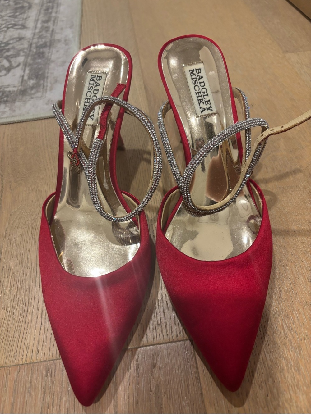 Badgley Mischka Red Satin Pointed Toe Heels with Crystal Straps